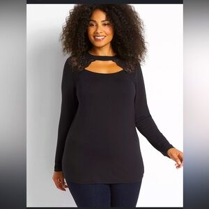 Lane Bryant Black Envelope Neck Tee w/Lace Detail Long Sleeve